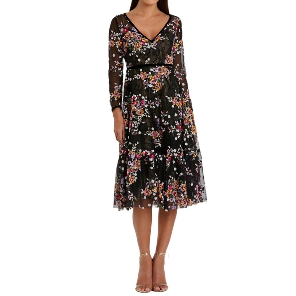 Mac Duggal Black Floral Embroidered Tea Length Dress 67499 Women’s Sz 10 NWT